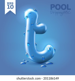 Wet Blue Glossy Vector Font - T With Fresh Drops Of Water On It Hanging Over Blue Background