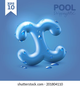 Wet blue glossy vector font - X with fresh drops of water on it hanging over blue background