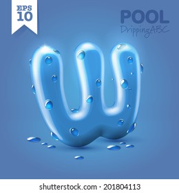 Wet Blue Glossy Vector Font - W With Fresh Drops Of Water On It Hanging Over Blue Background