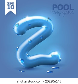 Wet blue glossy vector font - Z with fresh drops of water on it hanging over blue background