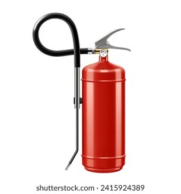 Extinguidor de incendios químicos húmedos. Signos de alarma, sustancia química húmeda co2. Cilindro rojo con manguera de pulverización. Equipo portátil de extinción de incendios. Ilustración vectorial 3d realista aislada en fondo blanco