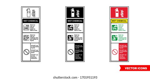 Wet chemical fire extinguisher id sign icon of 3 types: color, black and white, outline. Isolated vector sign symbol.