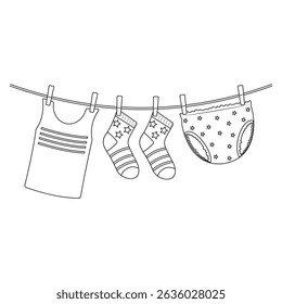 Nasse Kinderbekleidung trocknet, an einer Wäscheleine aufgehängt, schwarzer Umriss