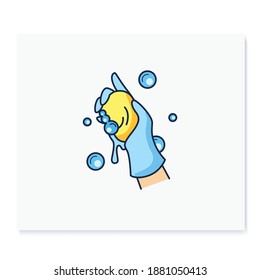 Wet cleaning color icon. Wiping with cloth. Housekeeper hand in blue glove squeezes a rag. Housekeeping and surface disinfection concept. Isolated vector illustration