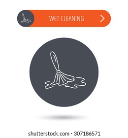 Wet cleaning icon. Clean-up floor tool sign. Gray flat circle button. Orange button with arrow. Vector