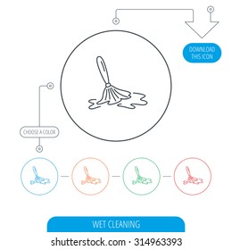 Wet cleaning icon. Clean-up floor tool sign. Line circle buttons. Download arrow symbol. Vector