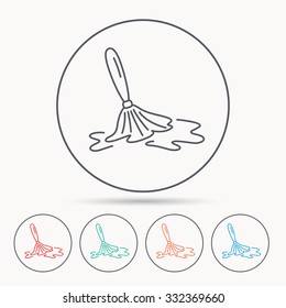 Wet cleaning icon. Clean-up floor tool sign. Linear circle icons.