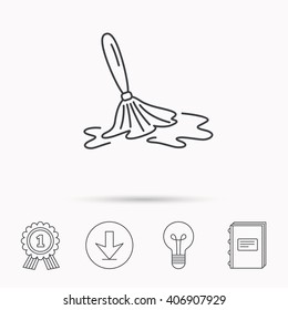 Wet cleaning icon. Clean-up floor tool sign. Download arrow, lamp, learn book and award medal icons.