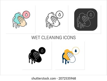 Wet cleaning icons set.Wiping with liquid soaked sponge.Clean house, hygiene,surface disinfection.Collection of icons in linear,filled,color styles.Isolated vector illustrations 