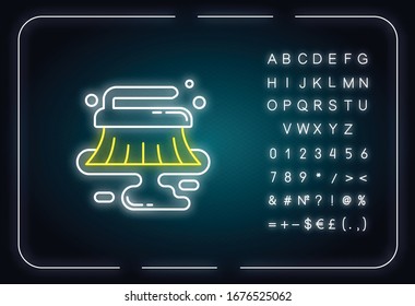 Wet cleaning neon light icon. Professional cleanup service. Dirty floor cleaning. Outer glowing effect. Sign with alphabet, numbers and symbols. Vector isolated RGB color illustration