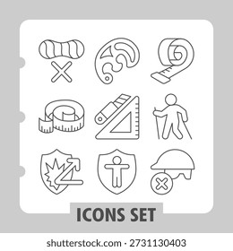 Prohibición de tela húmeda, Regla, escudo de seguridad conjunto de iconos simples con fitness, salud y artículos de medida en estilo de contorno para App e impresión sobre fondo blanco. Conjunto de nueve iconos de línea delgada