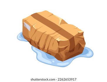 Wet crinkled cardboard box. Soaked parcel in water, bad cargo delivery. Closed creased damaged order, spoiled consignment after rain. Flat graphic vector illustration isolated on white background