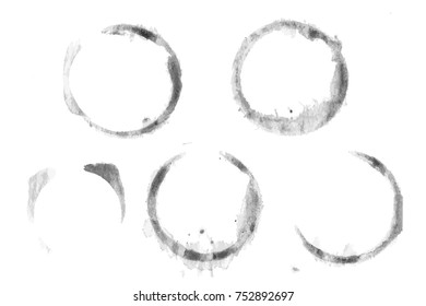 Wet cup circles in grey on white background. Coffee cup marks. Greyscale water circles. Coffee stain trace. Monochrome stains of hot drink on table. Tablecloth dirt. Beer glass ring isolated vector