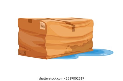 Caja arrugada húmeda y dañada. Paquete de cartón empapado de Vector de dibujos animados sentado en el Pequeño charco de agua, con daños visibles y pliegues debido a problemas logísticos, problemas de entrega o peligro de inundación