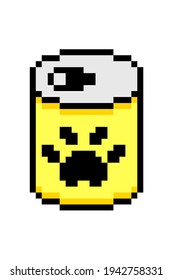 Wet dog food in a yellow can with an animal paw print, pixel art icon isolated on white background. Old school vintage retro 80s-90s video game graphics.