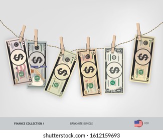 Wet dollar banknotes set hanging on rope attached with clothespins. Money laundering concept. Dirty money. Flat style vector illustration.