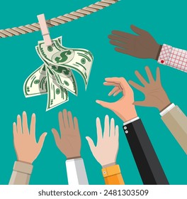 Wet dollar bills hanging on rope attached with clothes pins. Money laundering concept. Dirty money. Hidden wages, salaries black payments, tax evasion, bribe. Anti corruption. Flat vector illustration