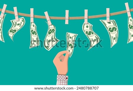 Wet dollar bills hanging on rope attached with clothes pins. Money laundering concept. Dirty money. Hidden wages, salaries black payments, tax evasion, bribe. Anti corruption. Flat vector illustration