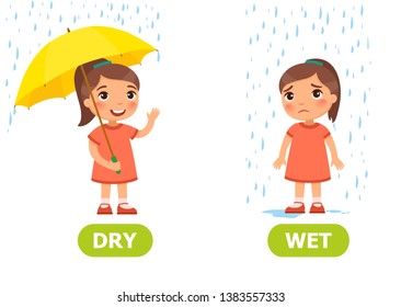 WET and DRY antonyms word card vector template. Flashcard for english language learning. Opposites concept. Little girl stands with umbrella in the rain and smiles, boy without umbrella gets wet 