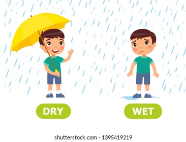WET and DRY antonyms word card vector template. Flashcard for english language learning. Opposites concept. Little boy stands with umbrella in the rain and smiles, boy without umbrella gets wet 