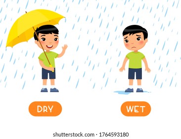 WET und DRY Antonyme Wort Karte Vektor Vorlage. Flashcard für das Englischlernen. Gegenkonzept. Der kleine asiatische Junge steht mit Regenschirm und lächelt, Junge ohne Regenschirm wird nass 