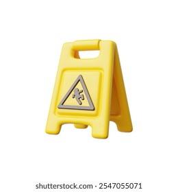 Icono de Vector de estilo de plástico 3D con signo de precaución en el piso húmedo. Equipo de limpieza de limpieza realista. Suelo mojado y limpieza en curso tablero amarillo con pictograma humano que cae. Soporte plegable de doble cara