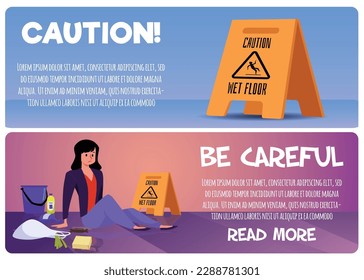 Wet floor caution sign board, web banners set - flat vector illustration. Woman slipping on wet floor. Person gets into falling accident. Concepts of safety and precaution.