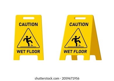Wet floor caution sign isolated on white background, Public warning yellow symbol clipart. Slippery surface beware plastic board design element. Falling human pictogram. Vector illustartion - Shutterstock ID 2059671956