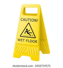 Wet floor caution sign isolated on white background. Double-sided folding yellow display stand with editable design. Slippery surface. Falling human pictogram. Realistic 3d Vector