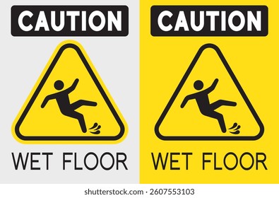 Wet floor caution sign isolated on white background, Public warning yellow symbol clipart. signboard caution icon wet or slippery floor. Falling human pictogram. Vector illustration