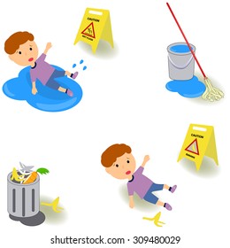 Wet floor caution sign. The man slipped on the wet floor and fell. The man slipped on the peel of a banana. A bucket of water and mop. Basket of garbage. Isolated illustration vector 