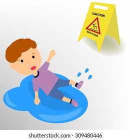 Wet floor caution sign. The man slipped on the wet floor and fell.  Isolated illustration vector 