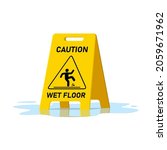 Wet floor caution sign and water puddle isolated on white background, Public warning yellow symbol clipart. Slippery surface beware plastic board design element. Falling human pictogram. Vector