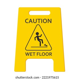 Wet floor caution warning sign, yellow symbol isolated on white background. Public warning yellow symbol clip art. Slippery surface beware plastic board.