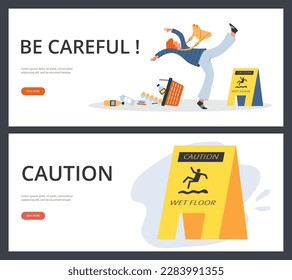 Señal amarilla de precaución en el suelo húmedo, banners web ajustados - ilustración vectorial plana. Persona deslizándose y cayendo sobre un suelo resbaladizo. Conceptos de precaución y prevención de lesiones.