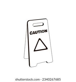 Wet floor and cleaning in progress black and white linear illustration