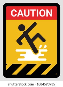 Wet floor and cleaning in progress sign. Warning yellow rounded square symbol with man falling on slippery floor with Caution text in modern flat style. Isolated vector illustration