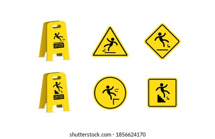 Wet floor and cleaning in progress. Slippery floor sign, vector illustration. Slip danger icon set.