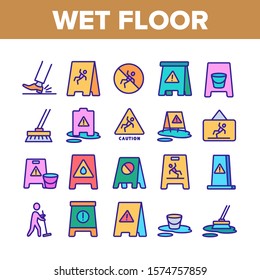 Wet Floor Collection Elements Icons Set Vector Thin Line. Leg Slips On Wet Floor, Human Silhouette Janitor Cleaning And Caution Mark Concept Linear Pictograms. Color Illustrations