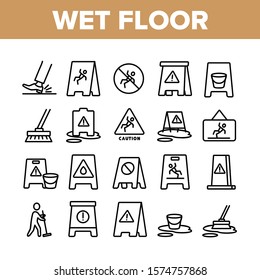 Wet Floor Collection Elements Icons Set Vector Thin Line. Leg Slips On Wet Floor, Human Silhouette Janitor Cleaning And Caution Mark Concept Linear Pictograms. Monochrome Contour Illustrations