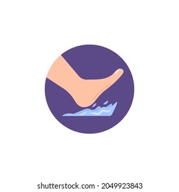 wet floor icon concept, slippery floor, there is a puddle. illustration of feet stepping on puddles of water. flat cartoon style. vector design