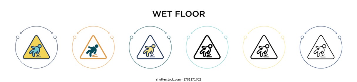 Icono de piso húmedo en estilo relleno, delgado, contorno y trazo. Ilustración vectorial de dos iconos de los vectores de suelo húmedo de color y negro se puede utilizar para móviles, ui, web