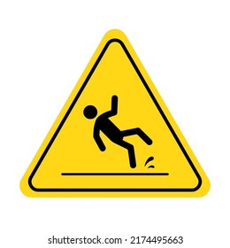 Wet floor icon. Slippery floor caution sign with fall pictogram man. Warning, danger, yellow triangle sign. Vector illustration.