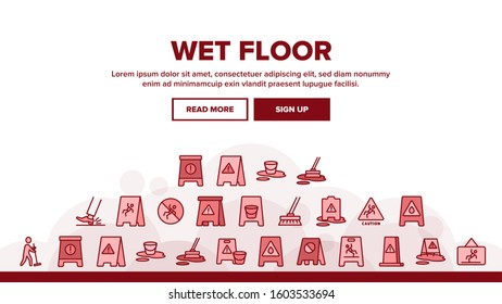 Wet Floor Landing Web Page Header Banner Template Vector. Leg Slips On Wet Floor, Human Silhouette Janitor Cleaning And Caution Mark Illustration