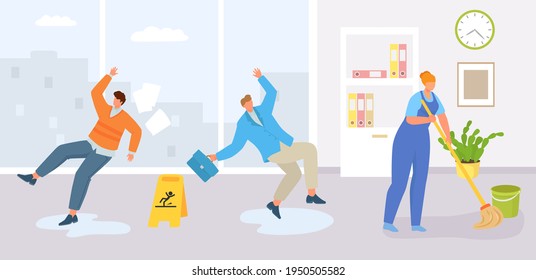 Wet Floor In Office, People Fall Down Concept, Vector Illustration. Warning Caution About Slippery Surface, Woman Character Clean Room.