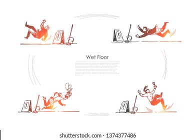 Wet floor - people falling down on wet floor with special sign vector concept set