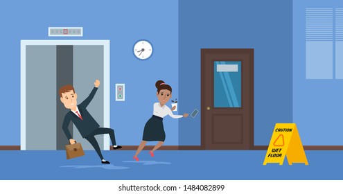 wet floor sign businessman and businesswoman fall in office