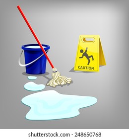 Wet floor sign with drop water, bucket and mop. Vector illustration.