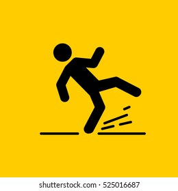 Wet Floor sign, falling man. Yellow background. Isolated vector illustration.