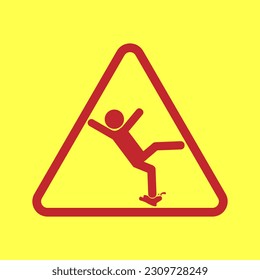 Wet Floor sign, red triangle with falling man in modern rounded style. caution slippery surface Isolated vector illustration in yellow background.	